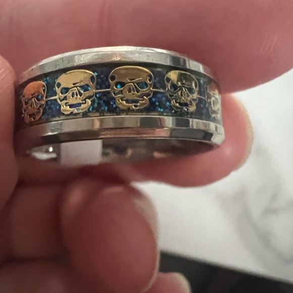 Gold Skull Ring with Blue Accents - Picture 1 of 4